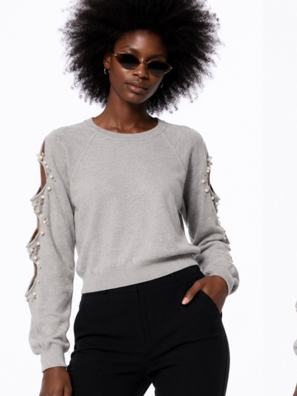 Zara Gray Crewneck Sweater with Pearl-Trim Open Sleeves